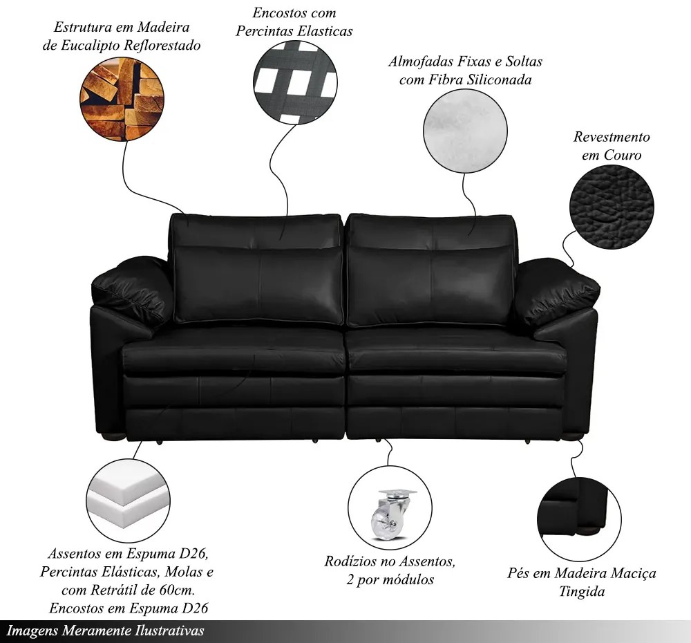 Sofá Retrátil 3 Lugares Bipartido Sala de Estar Piece 215cm Couro Preto G58 - Gran Belo