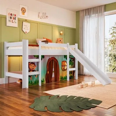Cama Infantil Elevada com Escorregador Branco e Cortina Estampada Zoo Completa Móveis