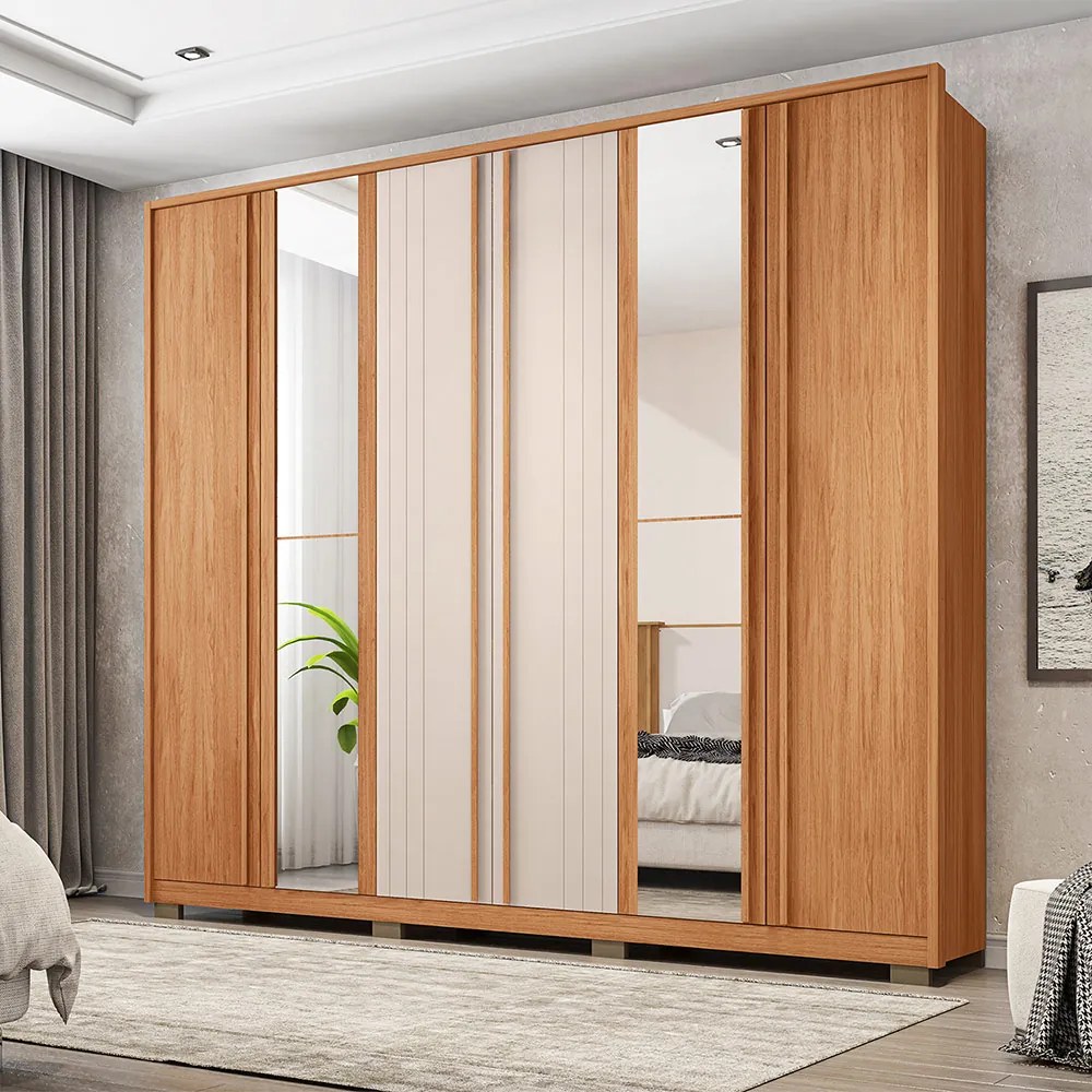 Guarda Roupa Casal Nilus 6 Portas com 2 Espelhos 4 Gavetas Ripado MDP Freijo/OffWhite G11 - Gran Belo