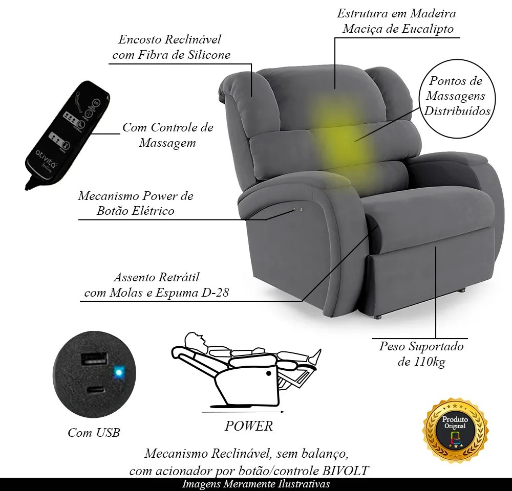 Poltrona do Papai Sala de Cinema Reclinável Kylie Power Touch Massagem USB Veludo Cinza Grafite G23