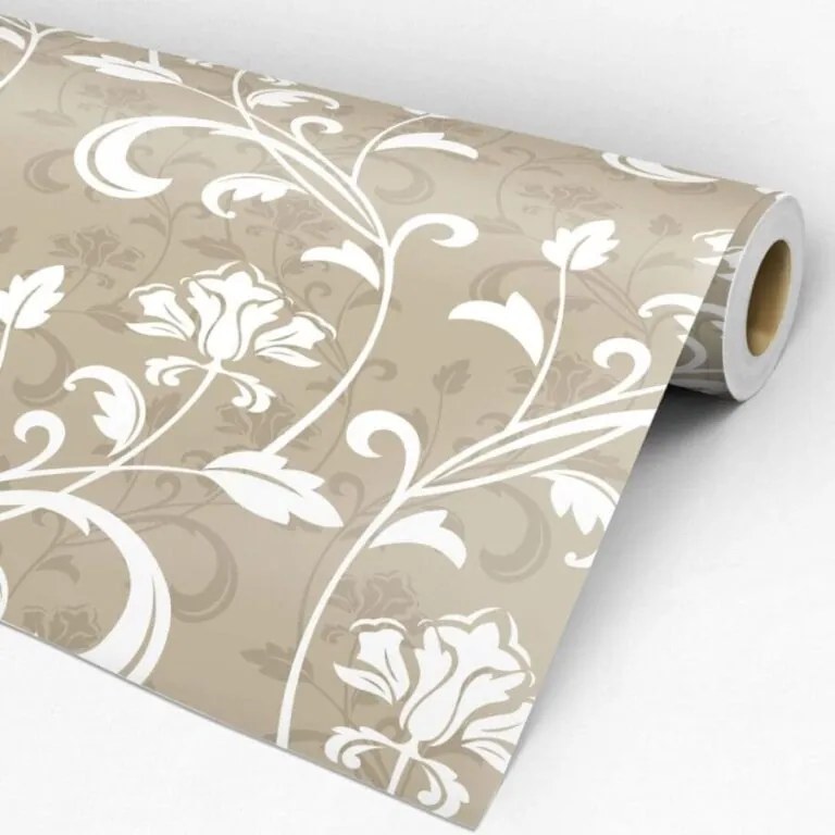 Papel de parede adesivo floral marrom e branco