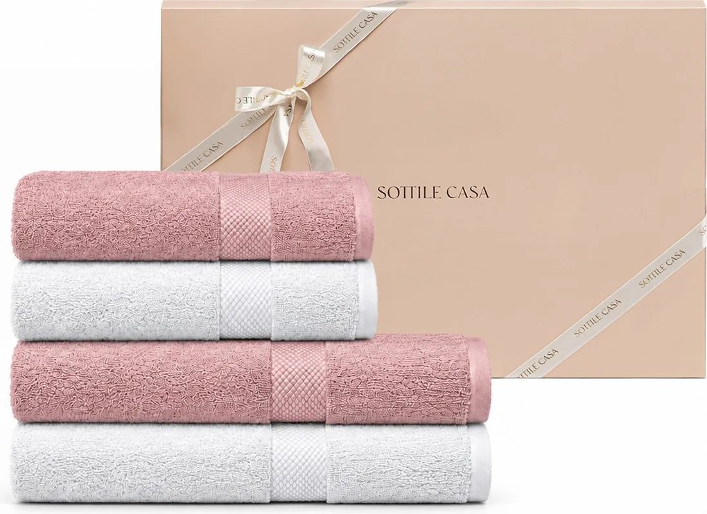 Jogo Banhão 4 Pçs Sortidas Literie 100% Algodão Allure c/ Caixa de Presente - Branco e Rose  Branco e Rose