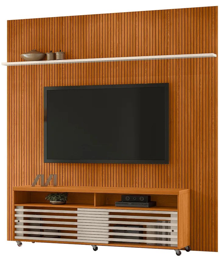 Painel TV 75 Pol 238cm Ripado Kalven com Rack Bancada Nerion Cinamomo/Off White M20 - D'Rossi