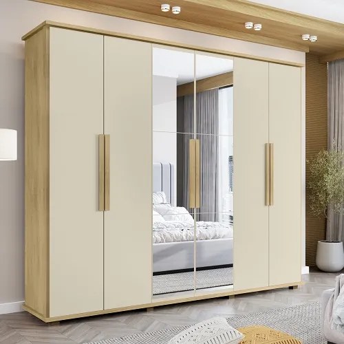 Guarda-Roupa Casal Com Espelho 6 Portas 4 Gavetas Canadá Cinamomo/Off White – RV Móveis