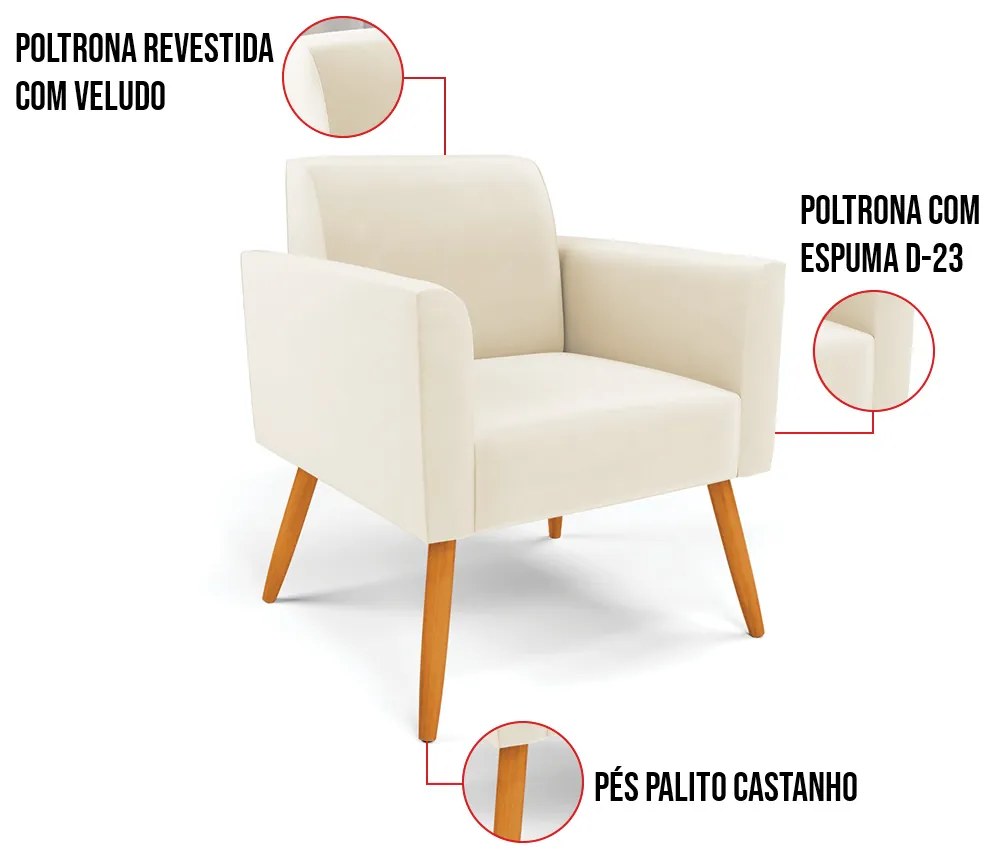 Kit 2 Poltronas Pés Palito Castanho Marisa Veludo - Bege