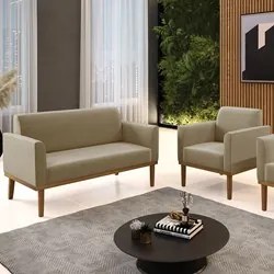Sofá Namoradeira e 1 Poltrona Base Madeira Castanho Maressa Suede Marr