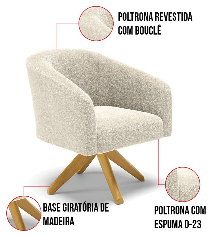 Poltrona Sala Decorativa Giratória Madeira Stella Bouclê D03 - D'Rossi - Bege