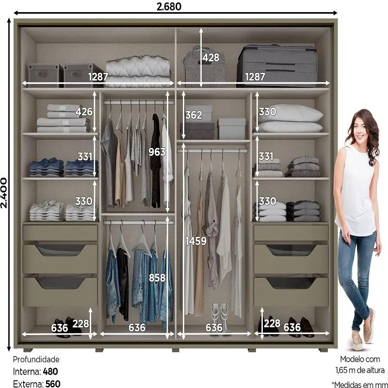 Guarda Roupa Roupeiro 2 Portas com Espelho 6 Gavetas Damasco