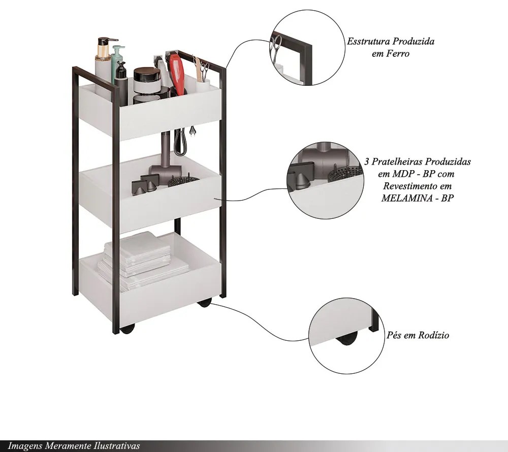 Carrinho Multiuso 3 Prateleiras Cozinha Vallue Branco G96 - Gran Belo
