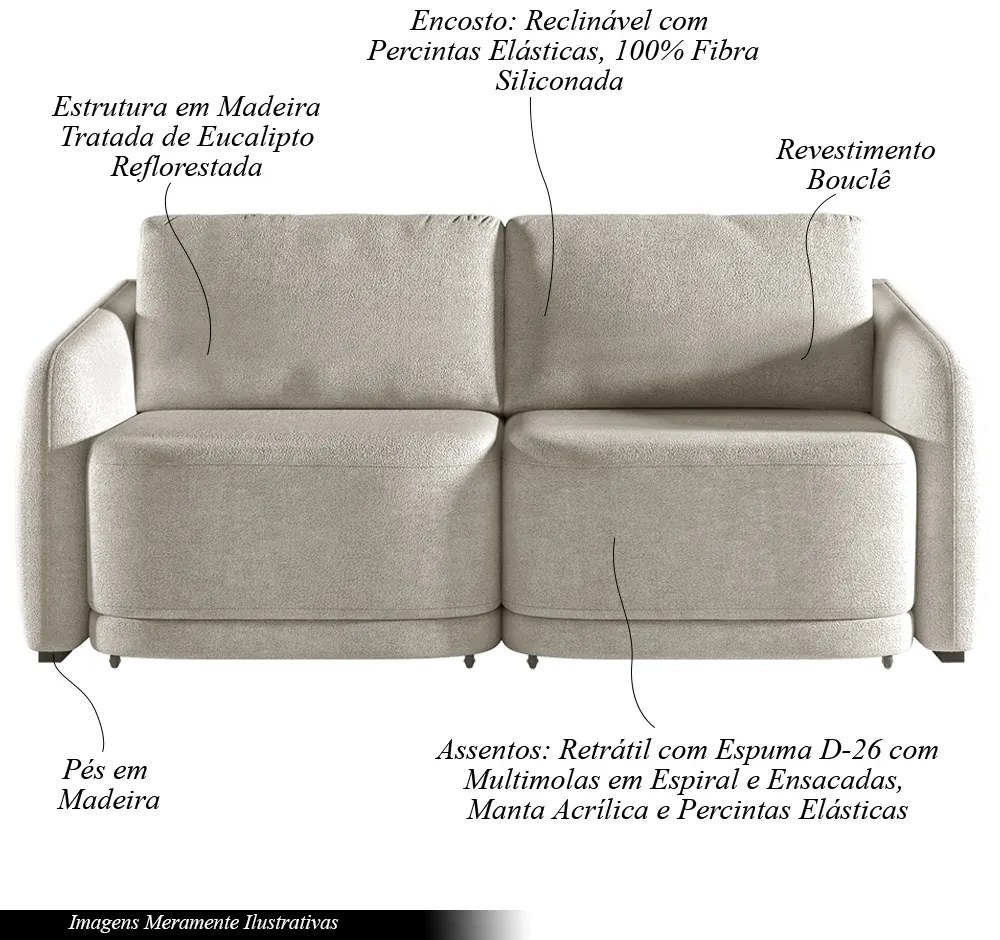 Sofá Cama Modulado Retrátil e Reclinável Decorativo Varsóvia 176cm Bouclê Bege G33 - Gran Belo