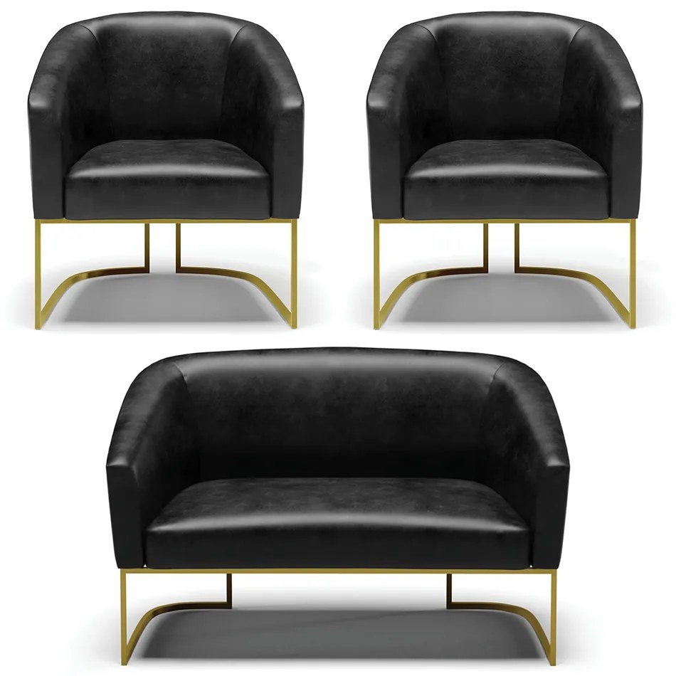 Namoradeira e 2 Poltronas Industrial Dourado Stella Sintético PU D03 - D'Rossi - Preto