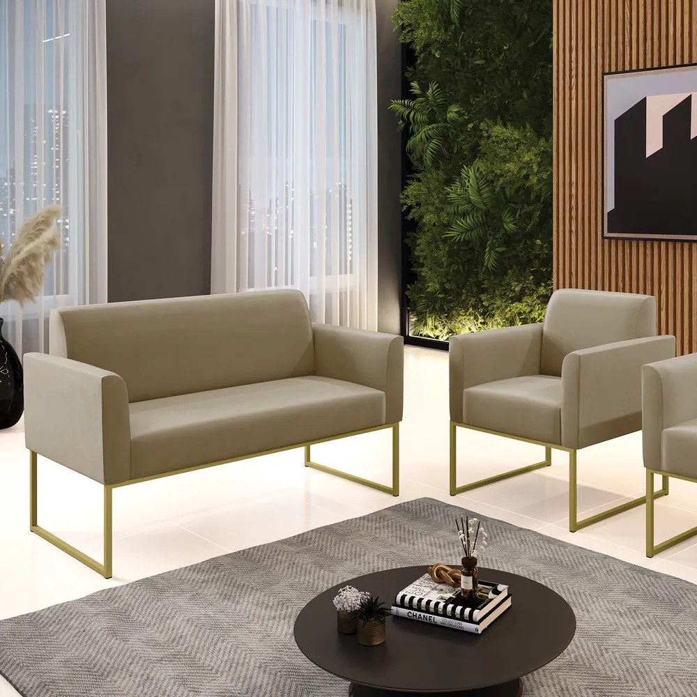 Sofá Namoradeira com Poltrona Base Industrial Dourado Marisa Suede D03 - D'Rossi - Marrom Rato
