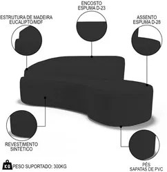 Sofá Living  3 Lugares 260cm Braço Esquerdo Mozart D06 Sintético Preto