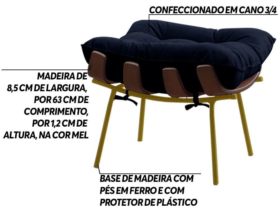 Puff Decorativo Sala de Estar Abel Base de Madeira Dourada Veludo Azul G41 - Gran Belo