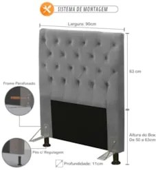 Cabeceira Cama Box Solteiro 90cm Cristal Veludo Cinza - MV Estofados