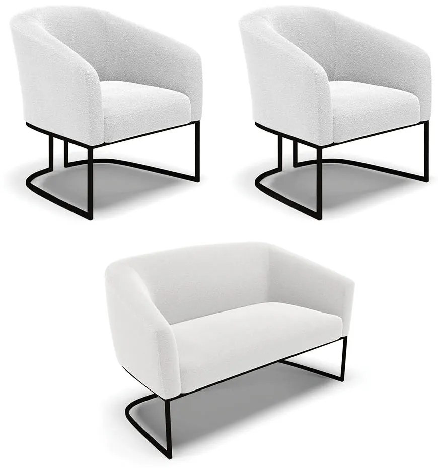 Namoradeira e 2 Poltronas Industrial Preto Stella Bouclê D03 - D'Rossi - Off White