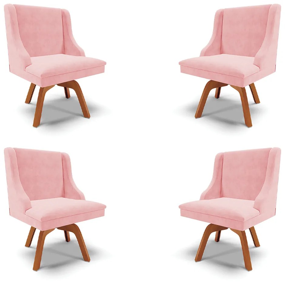 Kit 4 Cadeiras Decorativas Sala de Jantar Base Giratória de Madeira Firenze Suede Rosa Bebê/Natural G19 - Gran Belo