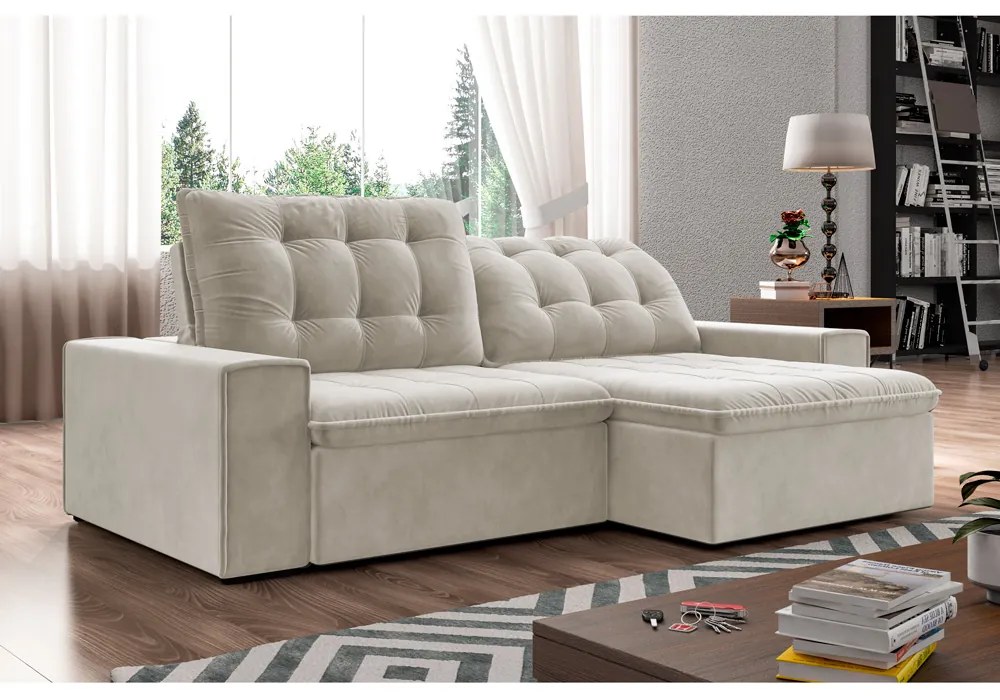 Sofá Retrátil 254 cm Sala de Estar Gabi Suede Bege G52 - Gran Belo