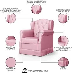 Poltrona de Amamentação Fixa com Puff Letícia Sintético Rosa - Phoenix