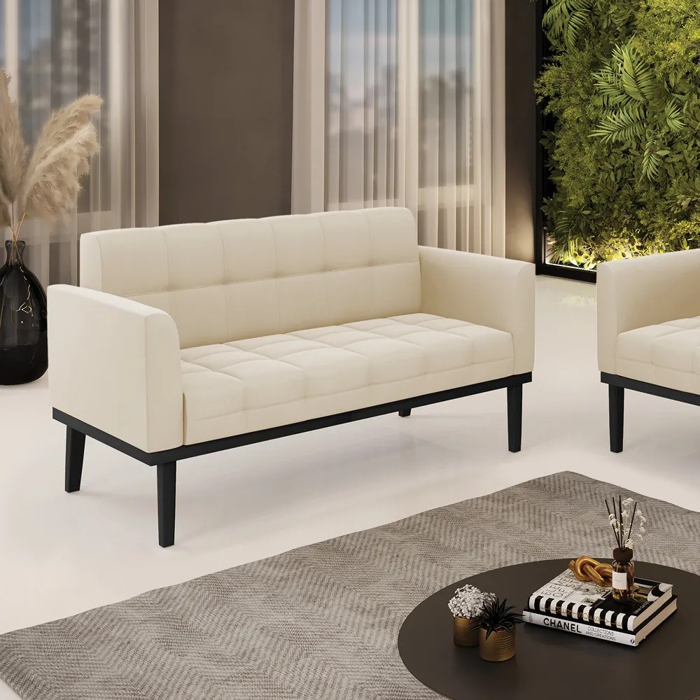 Sofá Namoradeira 2 Lugares Base de Madeira Preto Elisa Suede D03 - D'Rossi - Bege