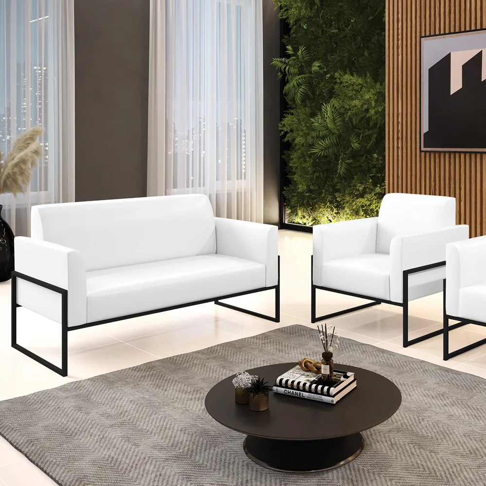 Sofá Namoradeira com Poltrona Base Industrial Alta Preto Marisa Corano D03 - D'Rossi - Branco
