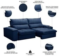 Sofá Retrátil 3 Lugares com Porta Copo 250cm Andes F05 Veludo Azul - M