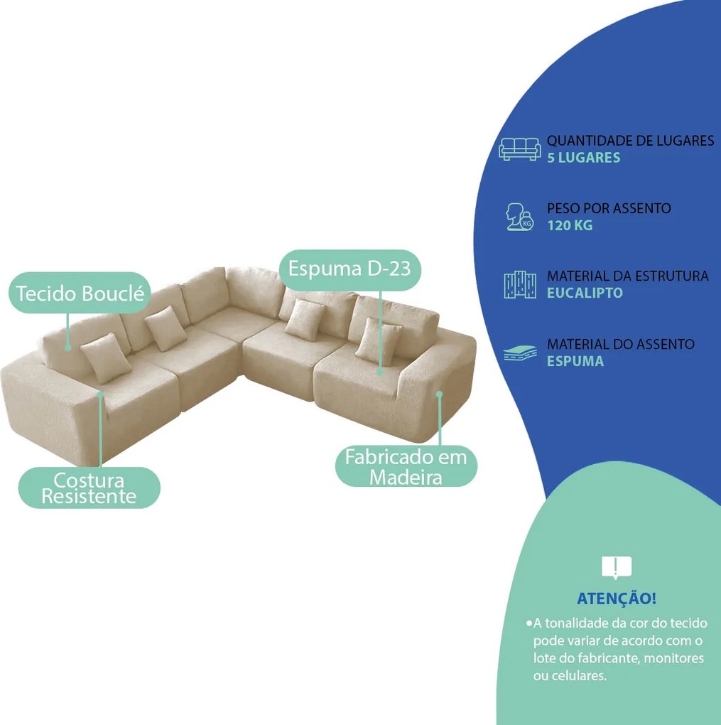 Kit Sofá Modular 5 Lugares Moderno Curvo Orgânico Adapt Bouclé - ADJ Decor