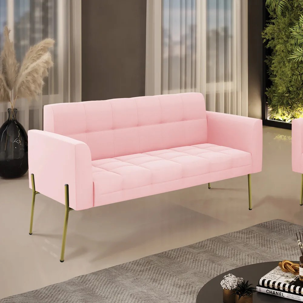 Sofá Namoradeira 2 Lugares Pé de Ferro Dourado Elisa Suede D03 - D'Rossi - Rosa Bebê