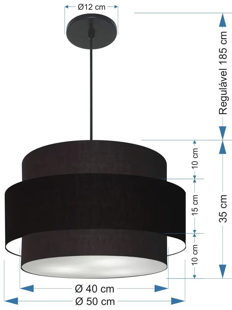 Lustre Pendente Cilíndrico Md-4384 Cúpula em Tecido Preta Tam 50cm