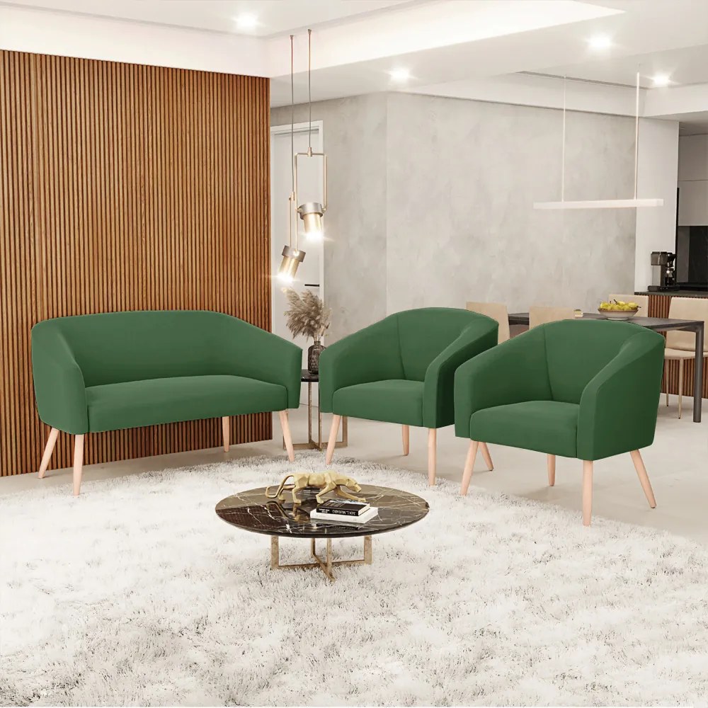Namoradeira e 2 Poltronas Pé Palito Natural Stella Suede D03 - D'Rossi  - Verde