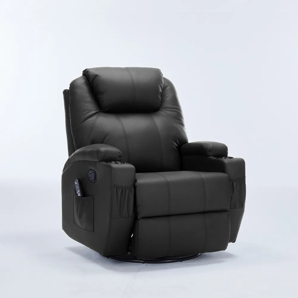 Poltrona do Papai Reclinável Manual Vector Base Giratória Massagem Aquecimento e Porta Copos PU Preto G94 - Gran Belo