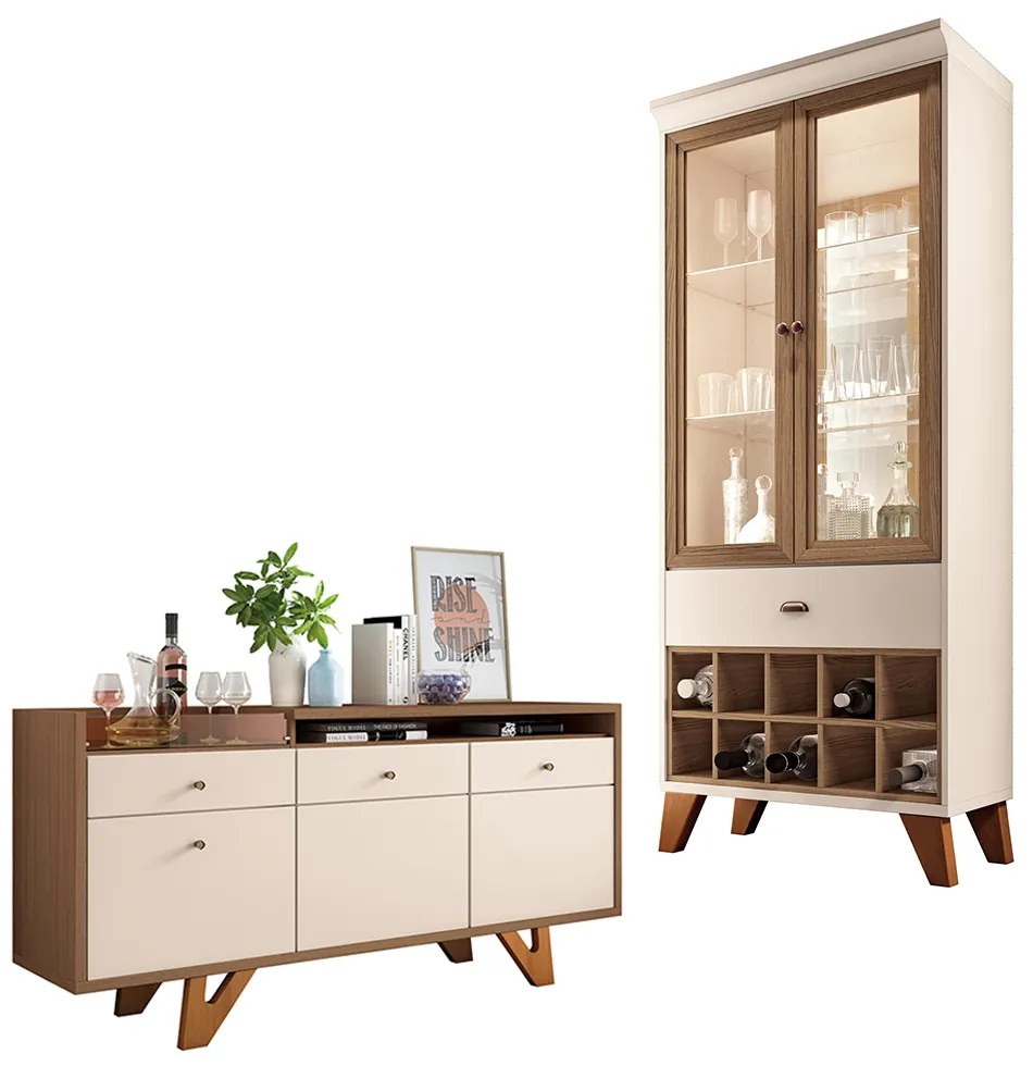 Conjunto Cristaleira Adega e Buffet Aparador MDP/MDF Ópera/Sollare Off White/Castanho G26 - HB Móveis