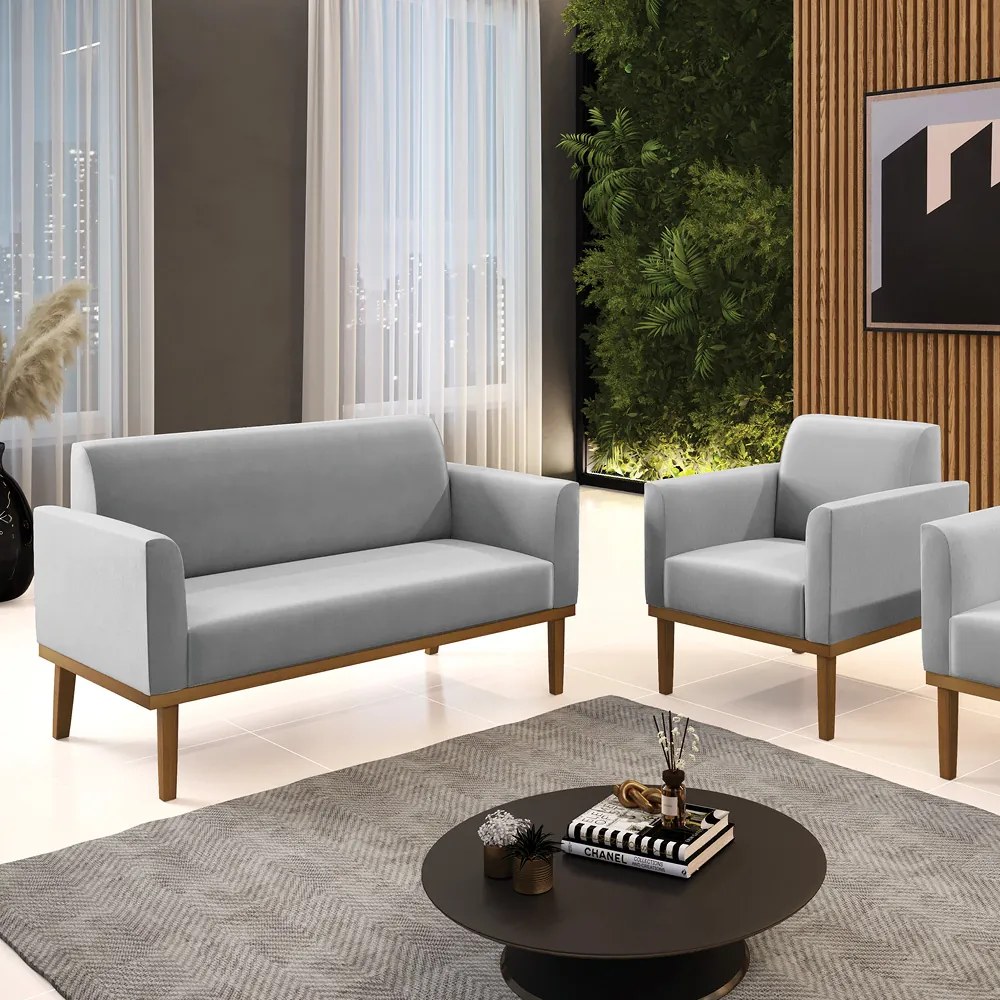 Sofá Namoradeira com Poltrona Base de Madeira Fixa Castanho Marisa Suede D03 - DRossi - Cinza