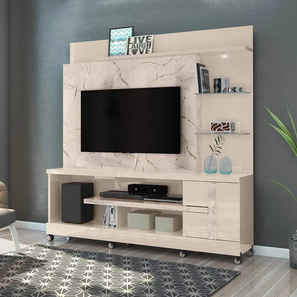 Estante de TV 55 Pol 182cm com Rodízio para Sala Elaris M20 - D'Rossi - Calacata e Off White