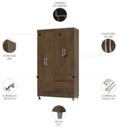 Guarda Roupa Solteiro 103cm Com 4 Portas Ideal Imbuia Rústico - Vila R