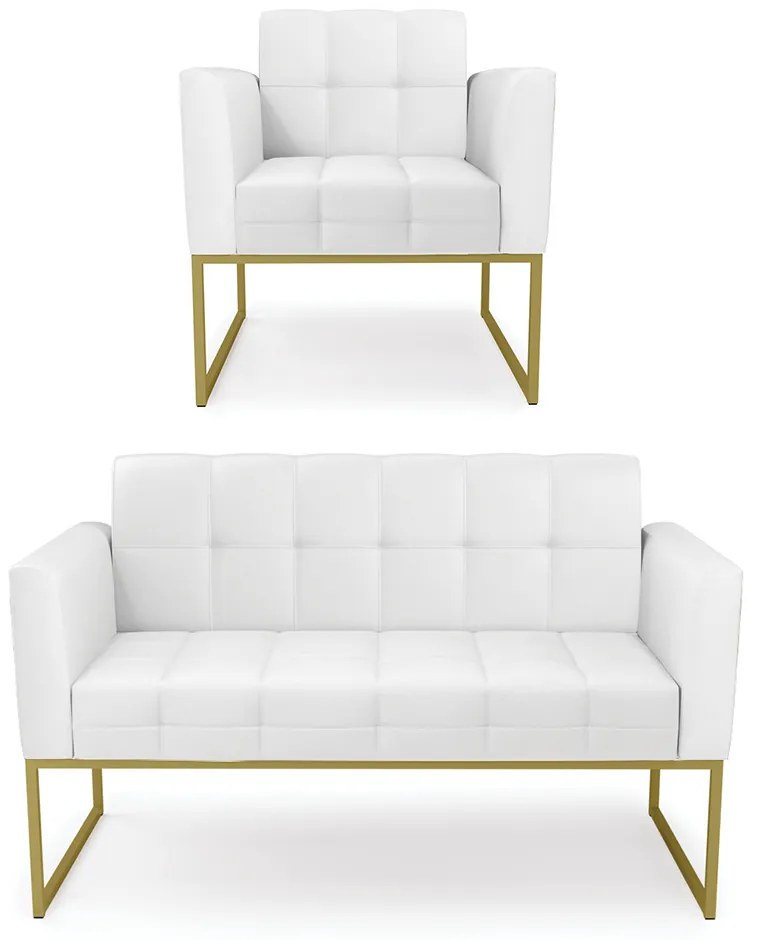 Kit 1 Sofá Namoradeira e 1 Poltrona Elisa Corino Base Metálica Industrial Dourado - D'Rossi - Branco