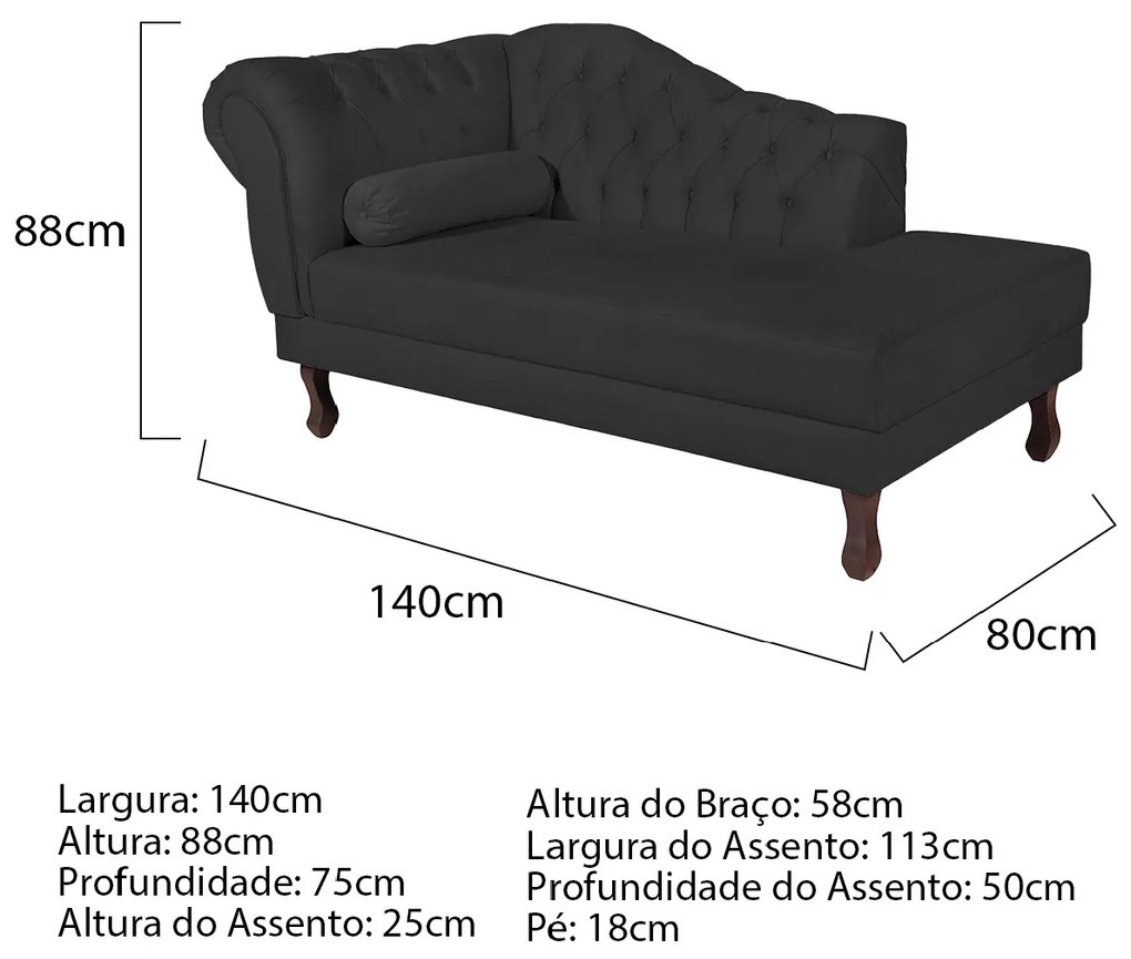 Recamier Diana 160cm Lado Direito Corano Preto - ADJ Decor