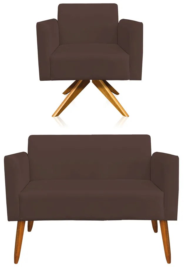 Kit 01 Namoradeira e 01 Poltrona Marisa Suede Base Giratoria Madeira MA30 D03 - D'Rossi - Marrom