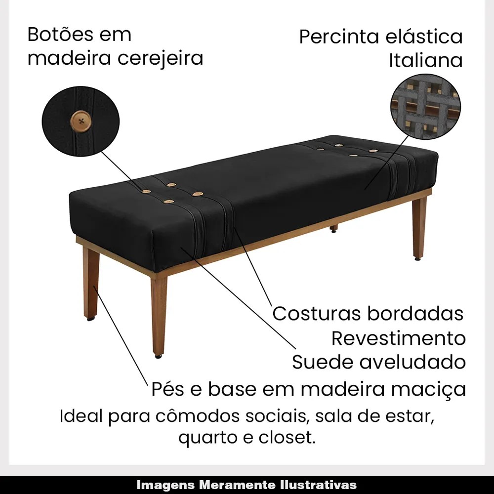 Recamier Decorativo 195cm Kors Suede Pés de Madeira Preto G63 - Gran Belo