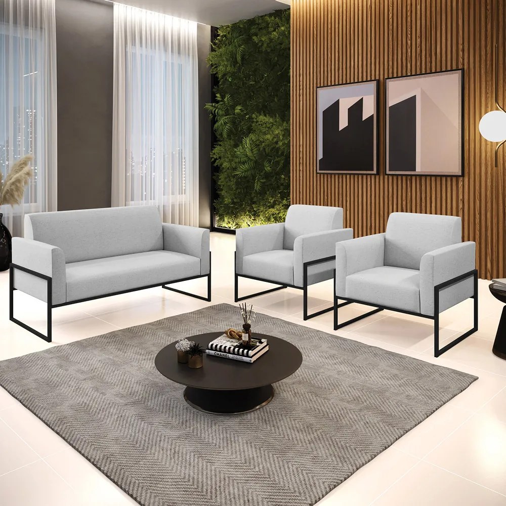 Sofá Namoradeira com 2 Poltronas Base Industrial Alta Preto Marisa Linho D03 - D'Rossi - A05 Cinza