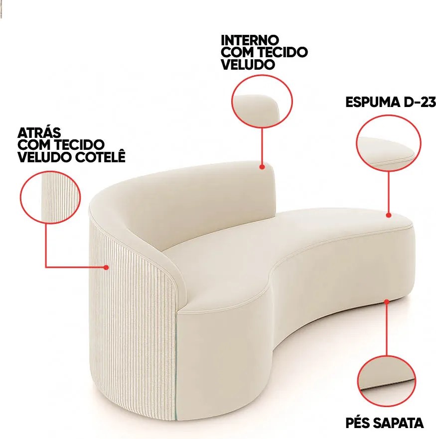 Sofá 4 Lug Orgânico 220cm Morgan e Poltrona Giratória Lua Cotelê/Veludo Bege D03 - D'Rossi