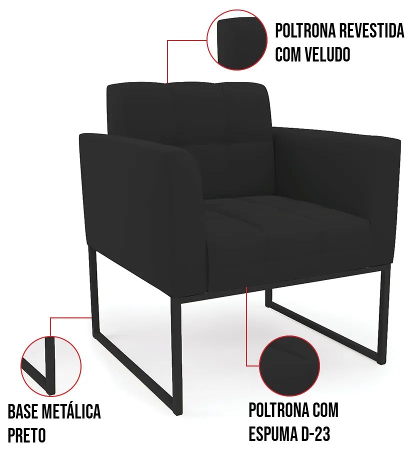 Kit 1 Sofá Namoradeira e 1 Poltrona Elisa Veludo Preto Base Metálica Industrial Preto D03 - D'Rossi