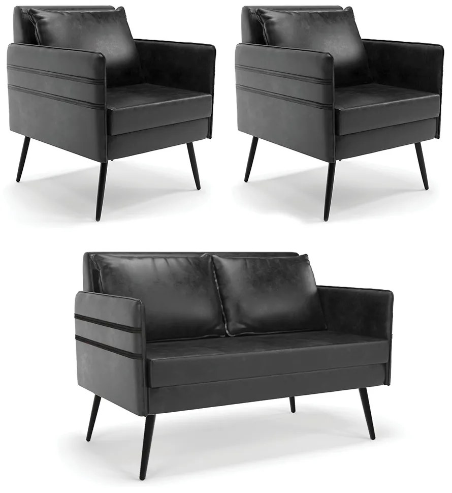 Kit 01 Namoradeira 02 Lugares e 02 Poltronas Mari Corano Preto Pés Palito de Ferro