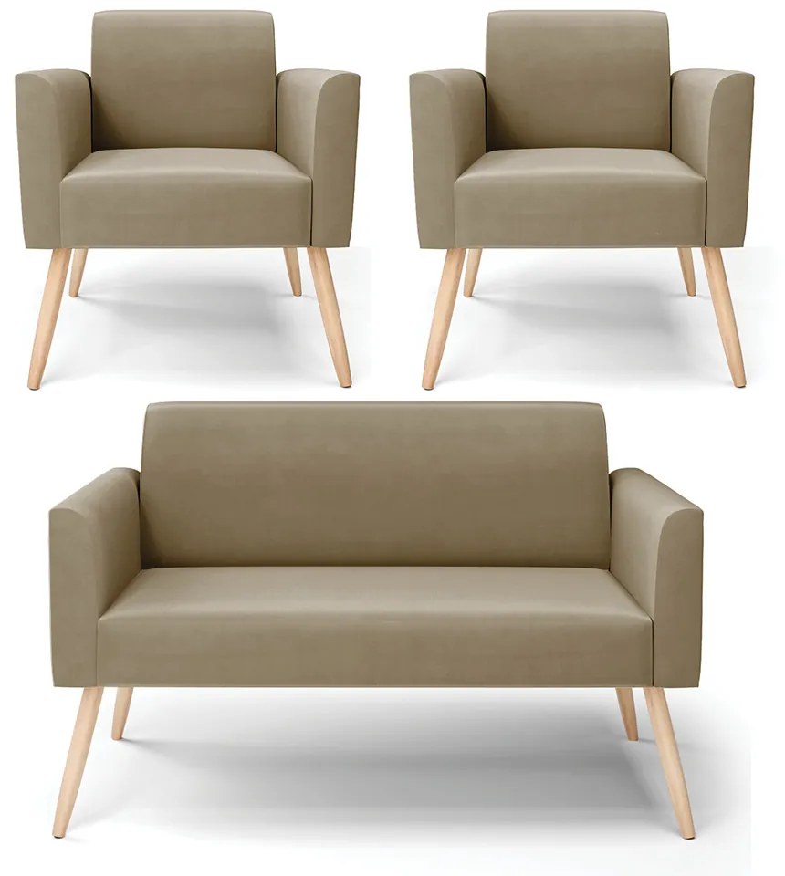 Sofá Namoradeira com 2 Poltronas Pés Palito Natural Marisa Suede Marrom Rato D03 - DRossi