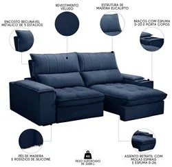 Sofá Retrátil 3 Lugares com Porta Copo 210cm Andes F05 Veludo Azul - M