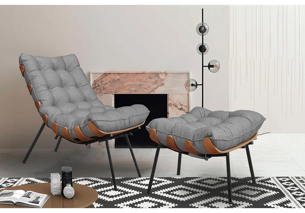 Conjunto Decorativo Poltrona e Puff Abel Base de Madeira Preto Linho Cinza G41 - Gran Belo