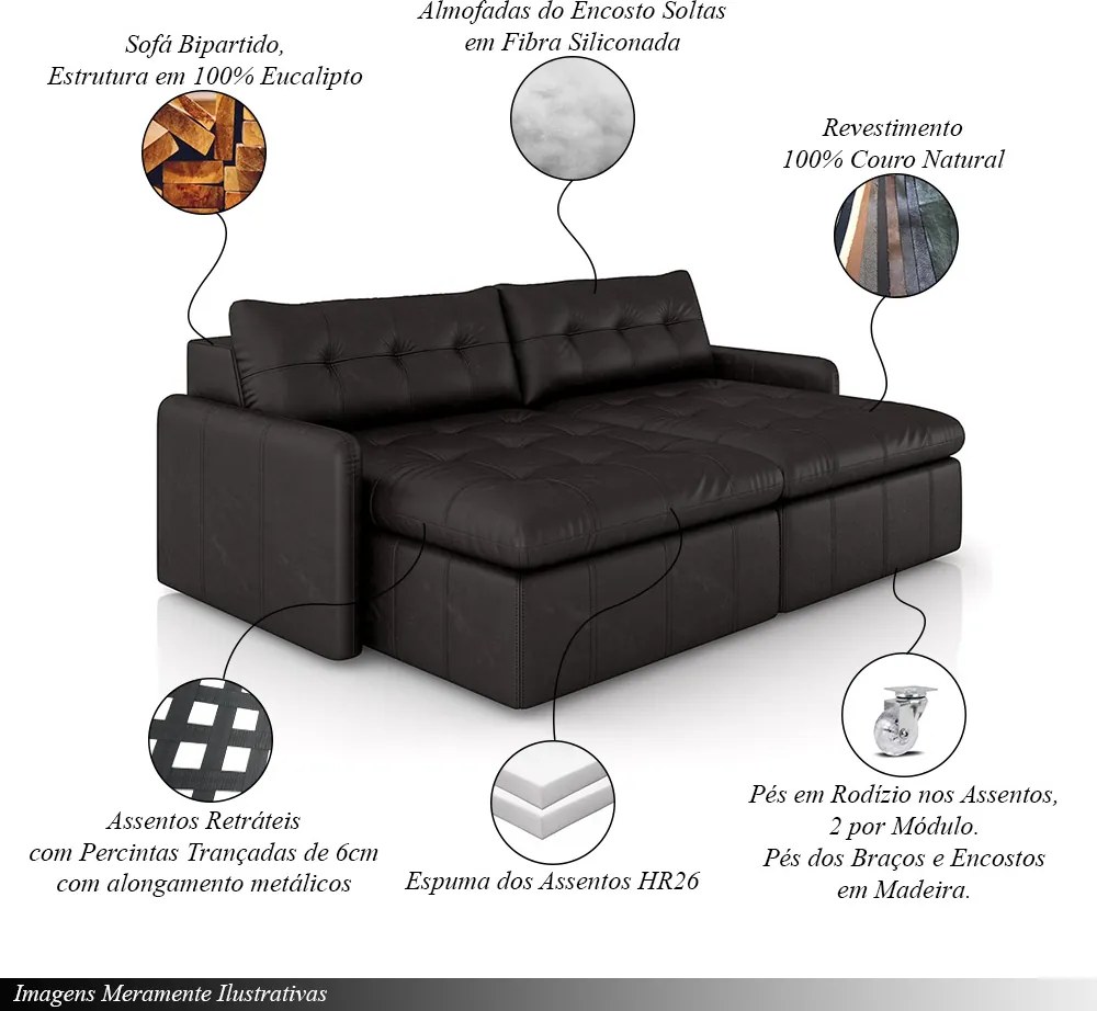 Sofá Retrátil Bipartido Sala de Estar Belém 264cm Couro Borgonha Manchado G52 - Gran Belo