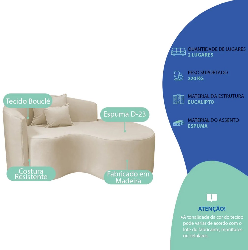 Kit Recamier Curvo Sala de Estar Inglaterra 150cm Lado Direito e Poltrona Orgânica Luxo Luiza Max Bouclé