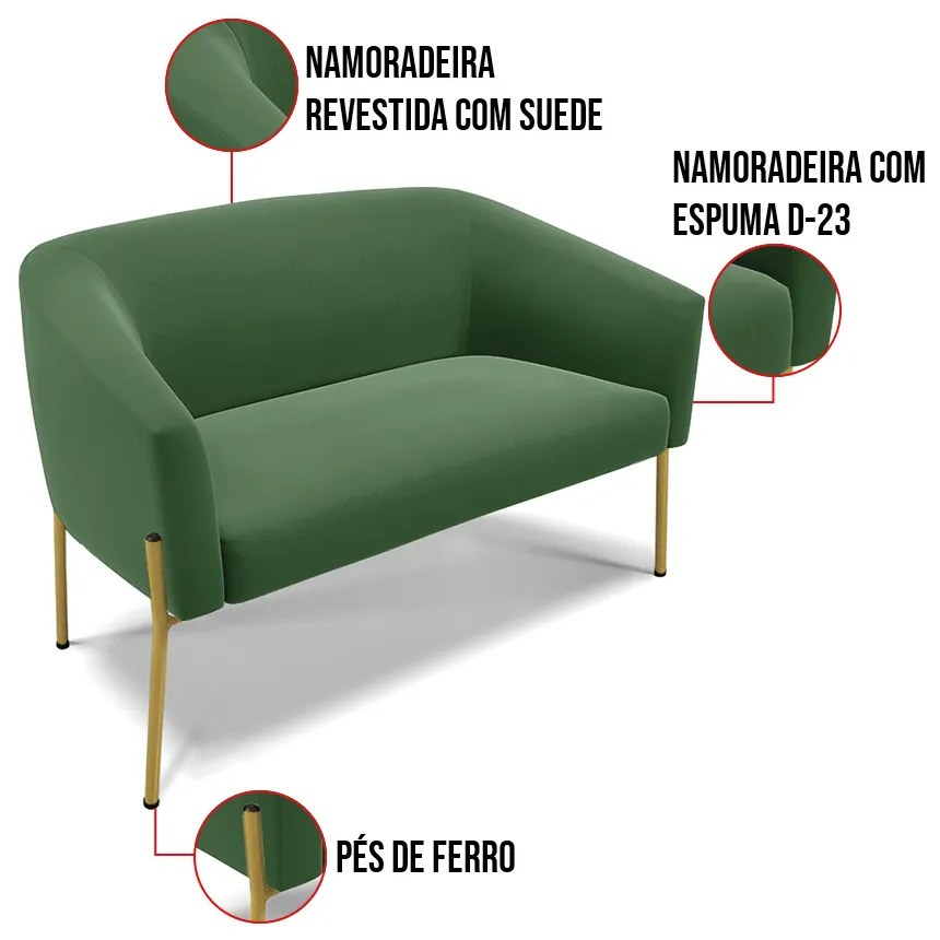 Sofá 2 Lugares Namoradeira Pé de Ferro Dourado Stella Suede D03 - D'Rossi - Verde