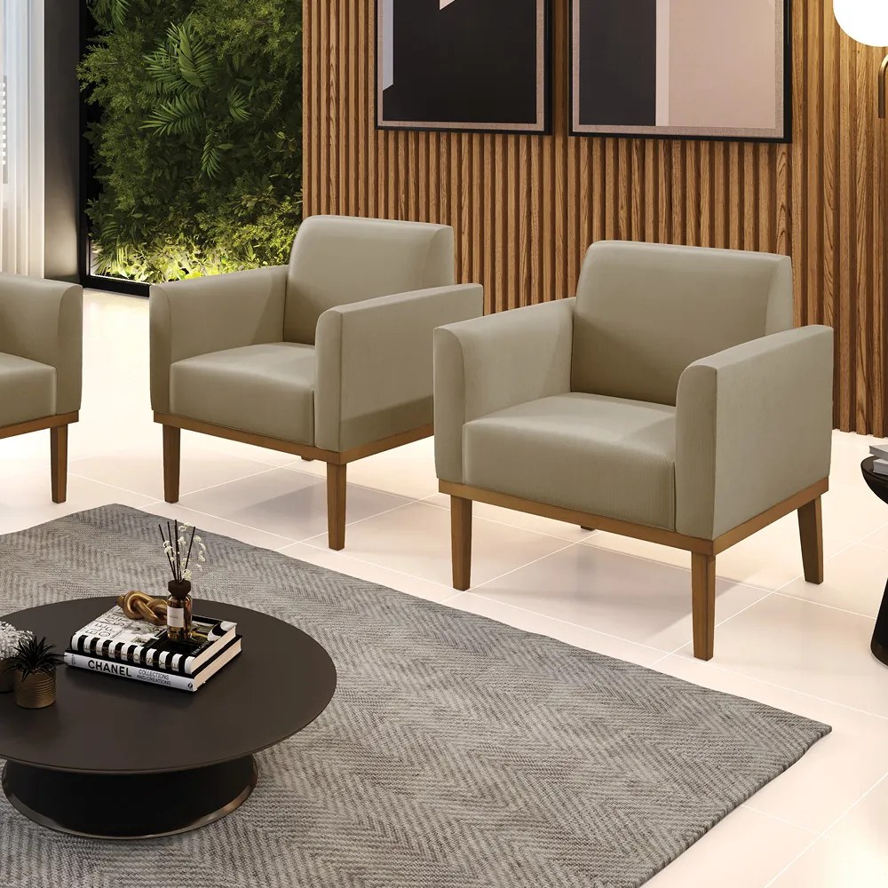 Kit 2 Poltronas Decorativas Isabella Pés Fixo em Madeira Castanho Suede Nude G19 - Gran Belo